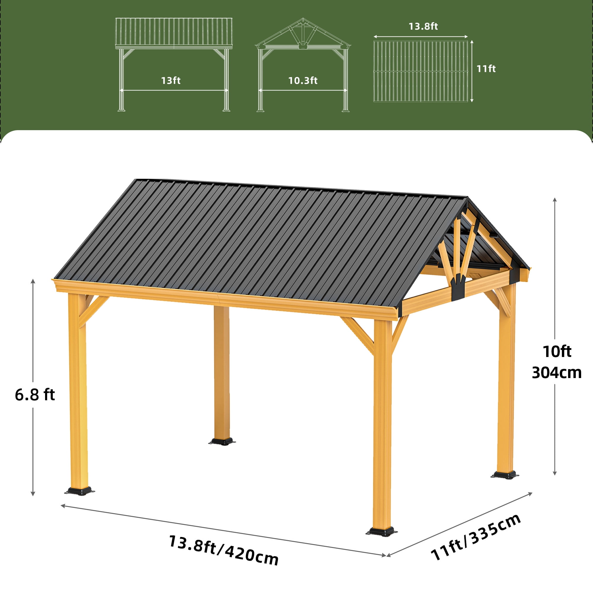 Uforic 11' x13.8' Outdoor Gazebo, Hardtop Gazebo with Galvanized Steel Top Pavilion Gable Roof, for Patio, Garden, Balcony