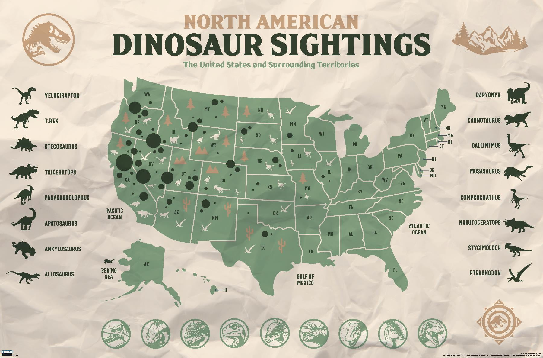 Jurassic World: Dominion - North American Dinosaur Map Wall Poster, 14.