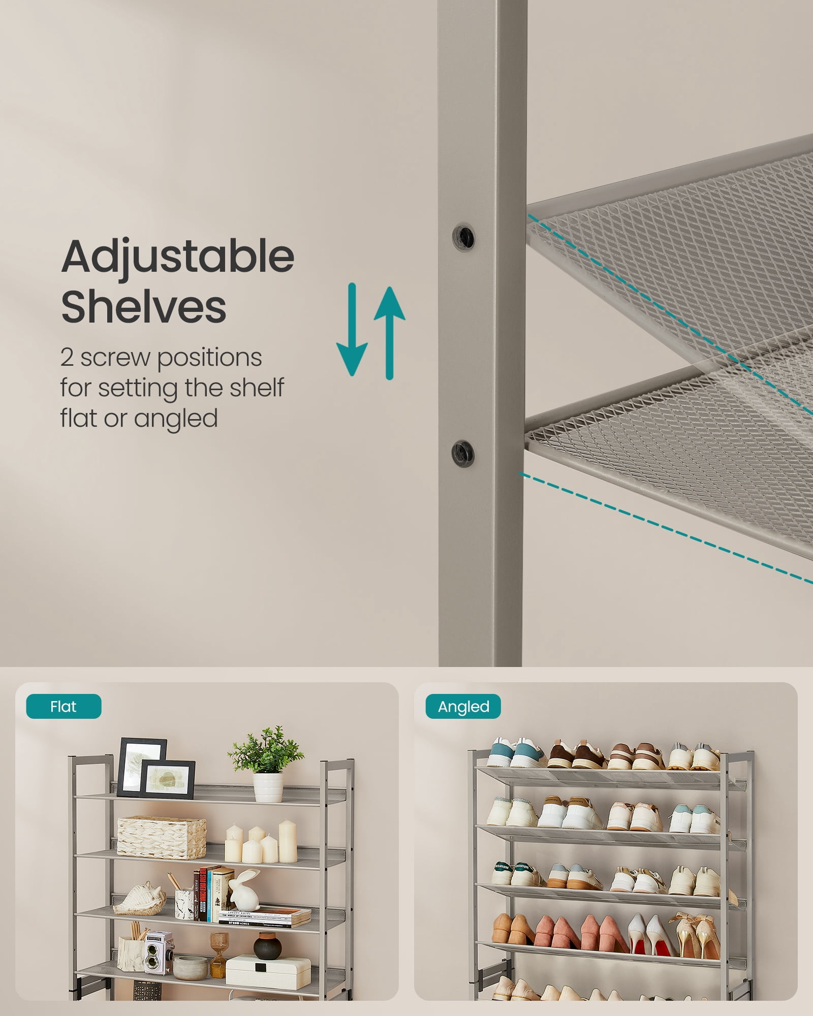 8-Tier Metal Shoe Rack Organizer, Set of 2 Stackable Shoe Shelves with Adjustable Flat or Angled Shelves, Holds 32-40 Pairs, Cappuccino Beige