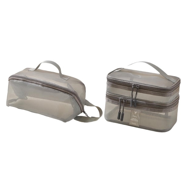 2 piezas Bag de maquillaje de malla bolsita de doble capa multipropósito multipropósito con mango de maquillaje organizador de aseo para viaje de gris