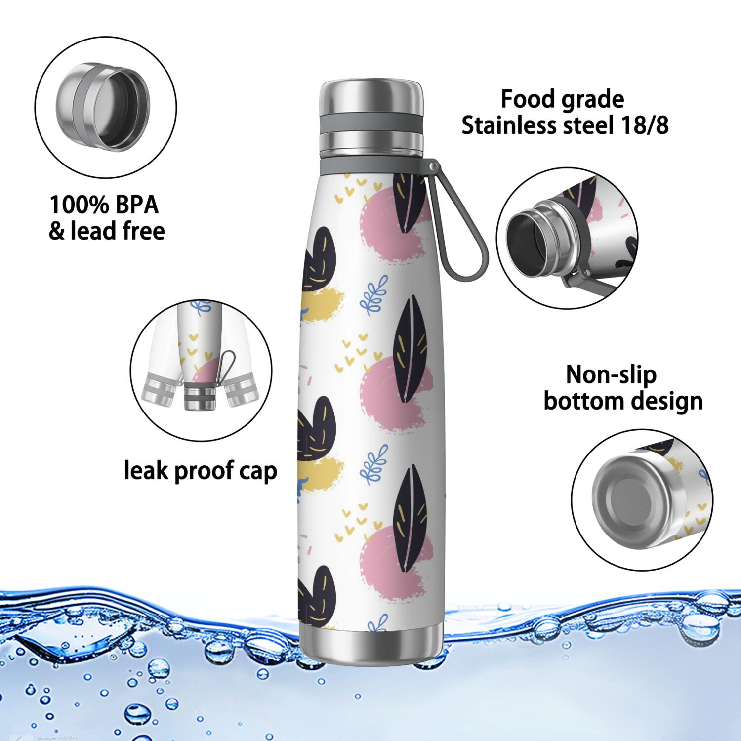 Modern 29oz Stainless Steel Insulated Thermos with Tea Filter, 360° Printed Travel Bottle, Leakproof BPA-Free Flask with Anti-Slip Base, 304 Inner & 201 Outer, Vacuum Cup