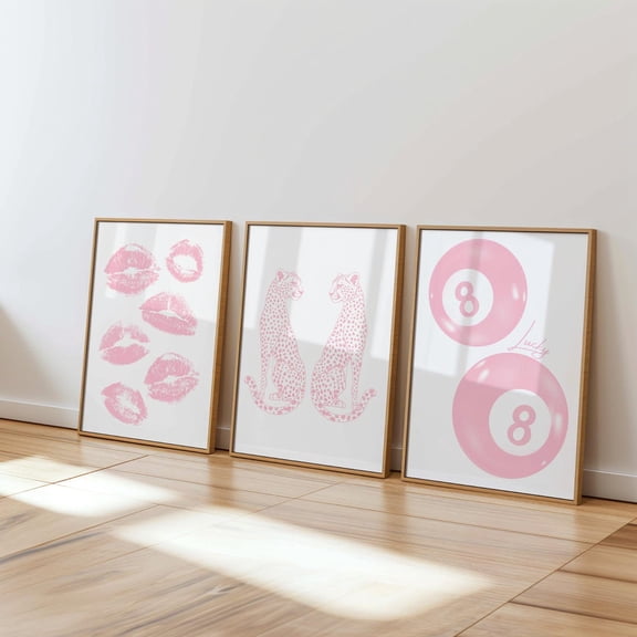 Light Pink Wall Art Kiss Lucky 8 Balls Cheetahs Prints Girly Dorm Decor Set 3 Unframed Paper Print 8x12