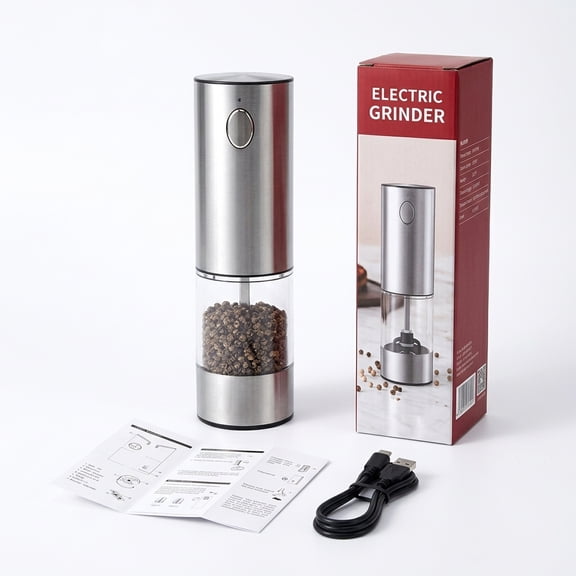 Nuan Rechargeable Electric Salt & Pepper Grinder, Adjustable Coarseness, USB-C Spice Mill, Silver