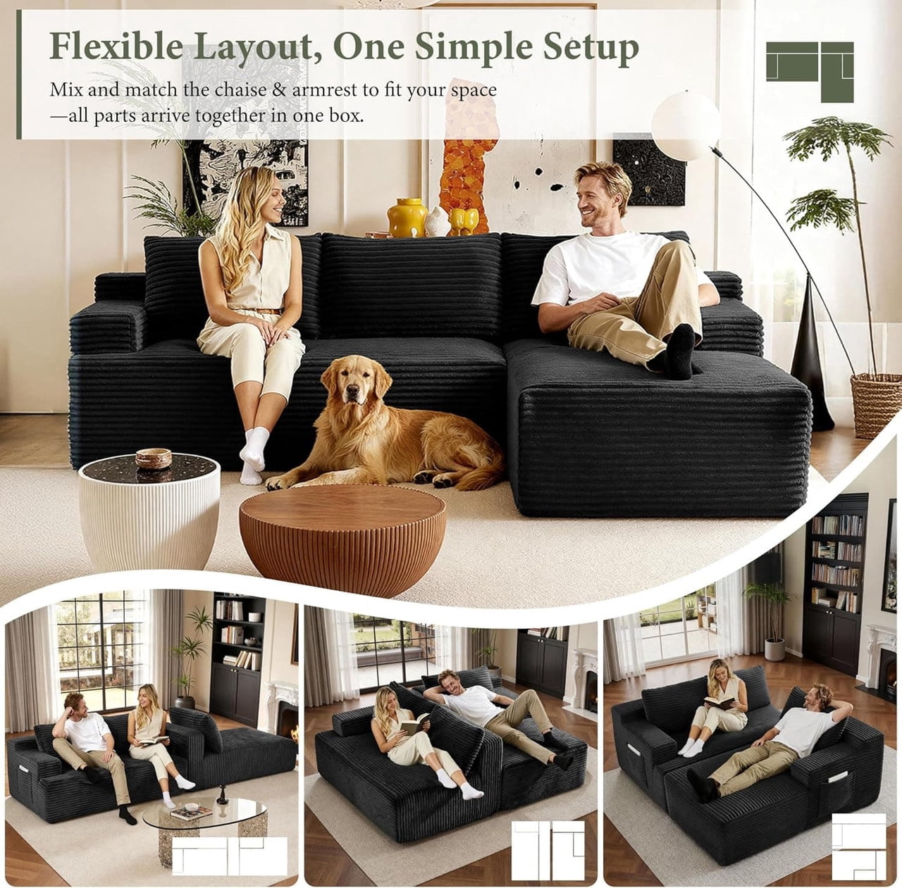 L-Shaped Cloud Sectional Sofa with Deep Seat, Modular Sofa Couch with Chaise for Living Room Apartment, No Assembly Required, Right Facing
