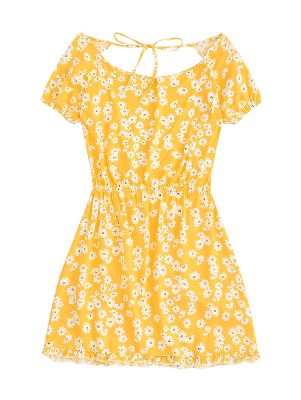 ZAFUL Women Leisure Daisy Floral Cutout Tie Dress Yellow S