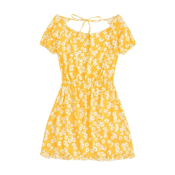 ZAFUL Women Leisure Daisy Floral Cutout Tie Dress Yellow L