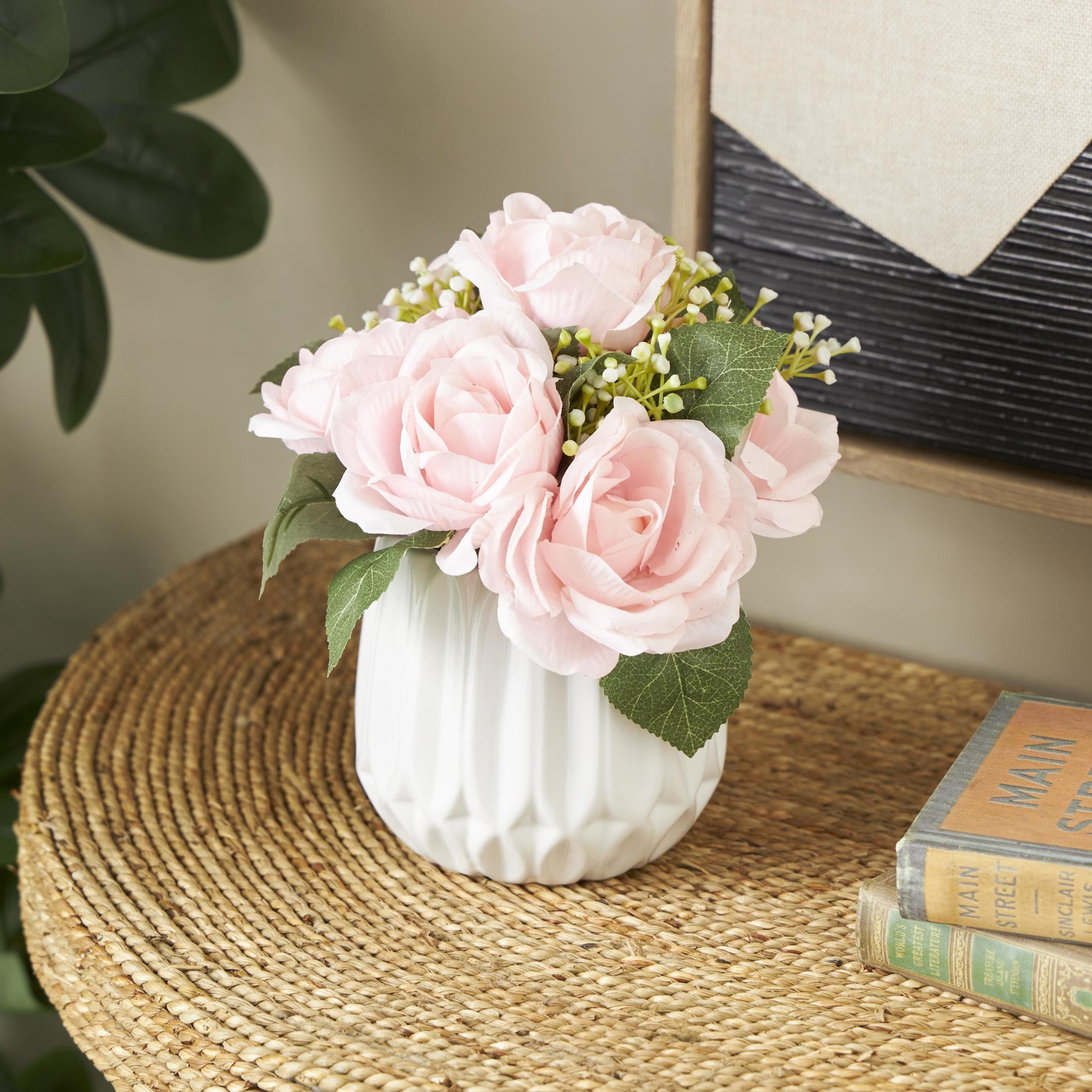 9" Plastic  Hydrangea and Pom Pom Artificial Flower in Green Leaves and Round Ceramic Vase, by DecMode
