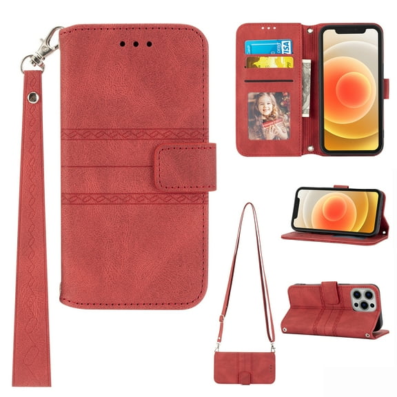 Nalacover Luxury Wallet Case for iPhone 14 Pro Max, PU Leather Detachable Shoulder Strap Lanyard Crossbody+Wrist Strap Handbag Flip Cover with Card Slots Magnetic Kickstand Shockproof Case,Red