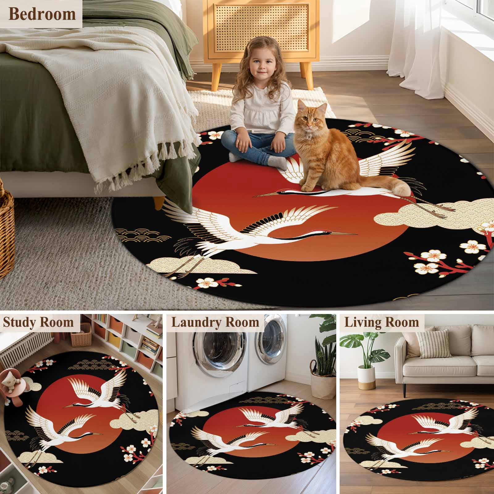 Japanese Style Round Area Rugs Collection 3.3', Modern Cranes Cherry Flower Wave Red Brown Non Slip Indoor Circular Throw Runner Rug Floor Mat Carpet for Living Room Dining Table Bedroom Nursery