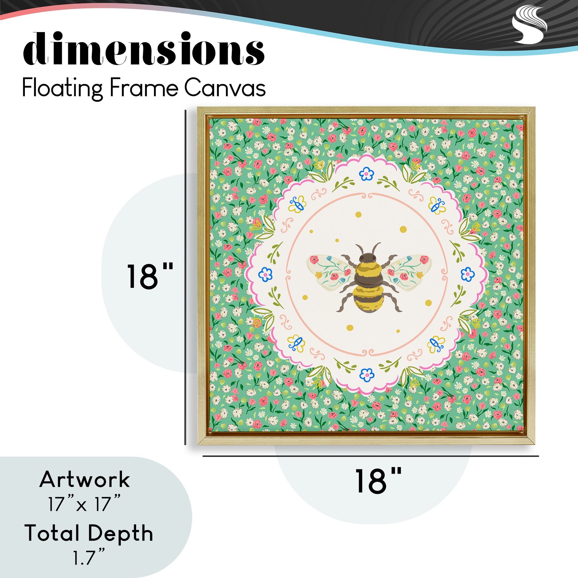 Spring Bee Delicate Florals Gold Framed Floater Canvas Wall Art, design by Angela Steahling