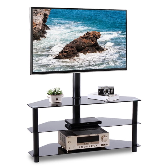 Modern Black TV Stand for 70 inch Flat Panel TVs with Tempered Glass Shelves Entertainment Center