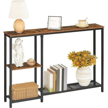 RONOVIA Narrow Console Table, 44.9" Behind Sofa Table with Shelves, Slim Couch Table with Storage, Entryway Display Shelf, for Living Room, Foyer, Hallway, Rustic Brown and Black BF86XG01