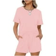 thumbnail image 2 of Women's Summer Casual Pajamas Sets Short Sleeve Crewneck Tops Shirts with Drawstring Shorts Lounge Pjs Sets Sleepwear Womens Clothes, 2 of 7