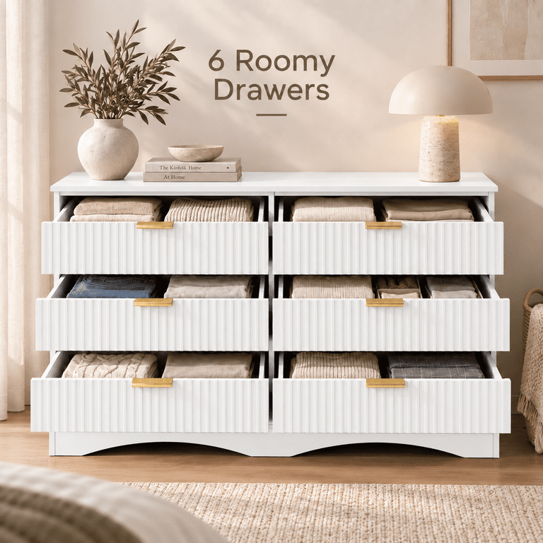 Lacoo 6 Drawer Dresser, 47'' Wide Fluted Dresser with Gold-Tone Handles, Wood Storage Chest with Smooth Glides, Modern Low Dresser for Bedroom, Living Room, White
