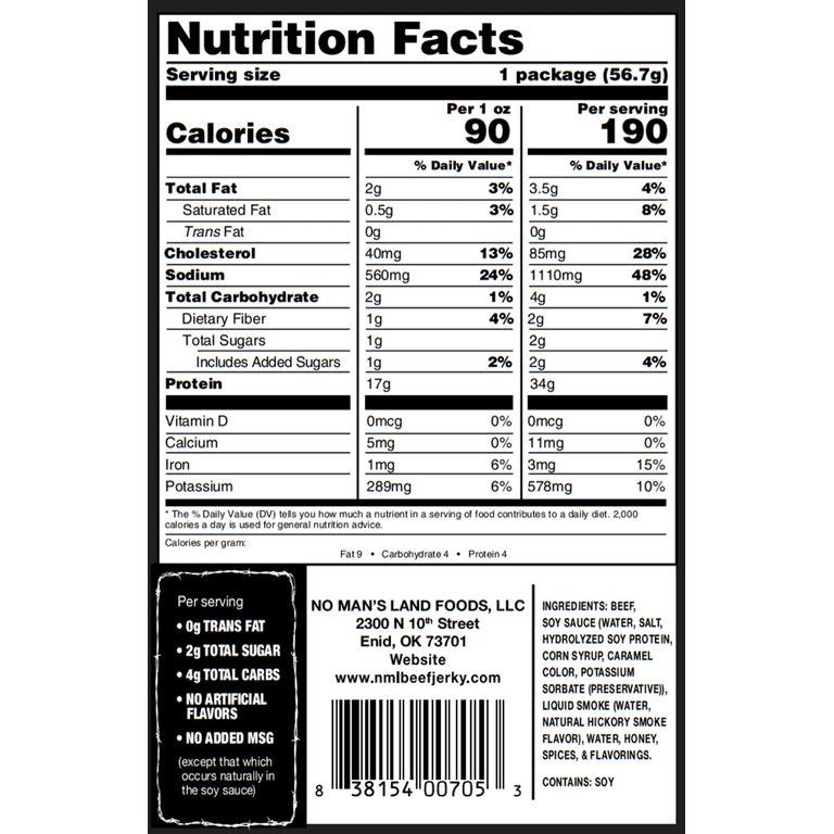 No Mans Land Beef Jerky, Hot Flavor, 17g Protein, 2oz Bag, Slow