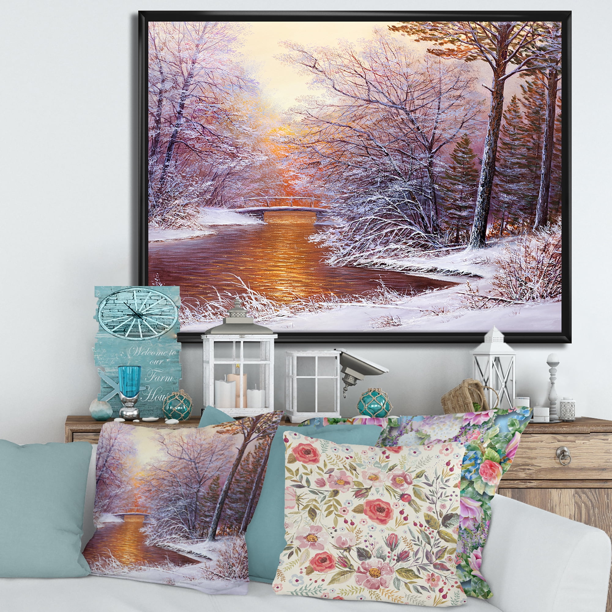 Designart 'Christmas Forest With Trees and River II' Traditional Framed Canvas Wall Art Print