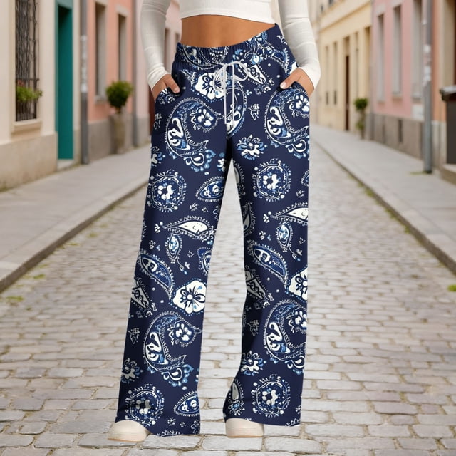 TaTaai Women Fashion Drawstring Wide Leg Pants Denim Print Loose Casual with Pockets All Season Soft Fabric Daily Holiday Street Party Wear Gift