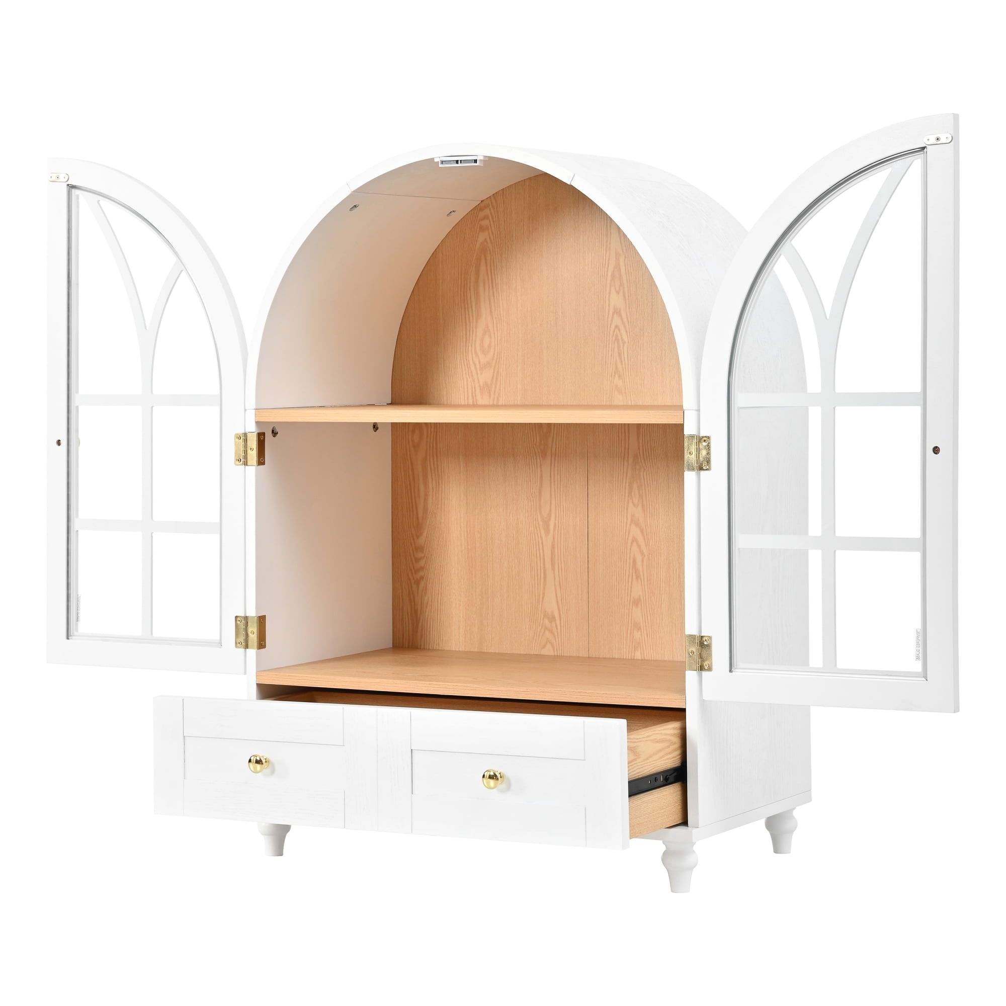 Leumius Arched Display Cabinet with Tempered Glass Doors,Wood Storage Cabinet with Natural Wood Grain Finish, Solid Wood Legs Accent Cabinet with Drawers for Living Room Dining Room Office White