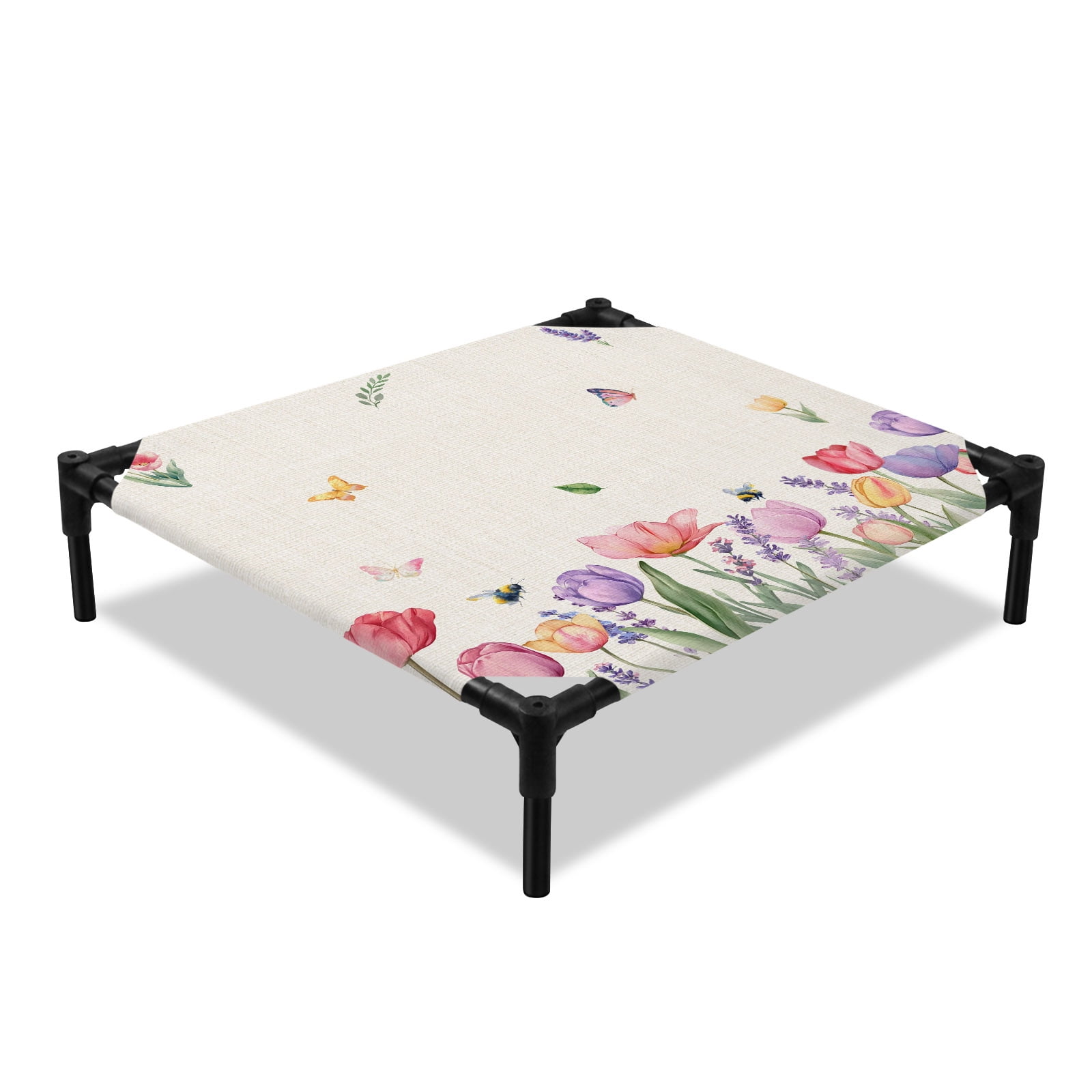 Spring Floral Elevated Dog Bed Watercolor Flowers Butterfly Romantic Farmhouse Retro Cooling Breathable Outdoor Raised Dog Cot Bed with Metal Frame Non-Slip Feet for Small Dog 20x20in