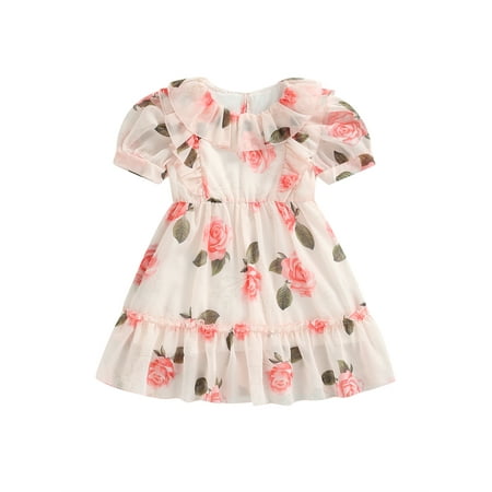 

xkwyshop Kids Girls Casual Princess Dress Flower Print Skirt Round Neck Short Sleeve Ruffled Chiffon Dress