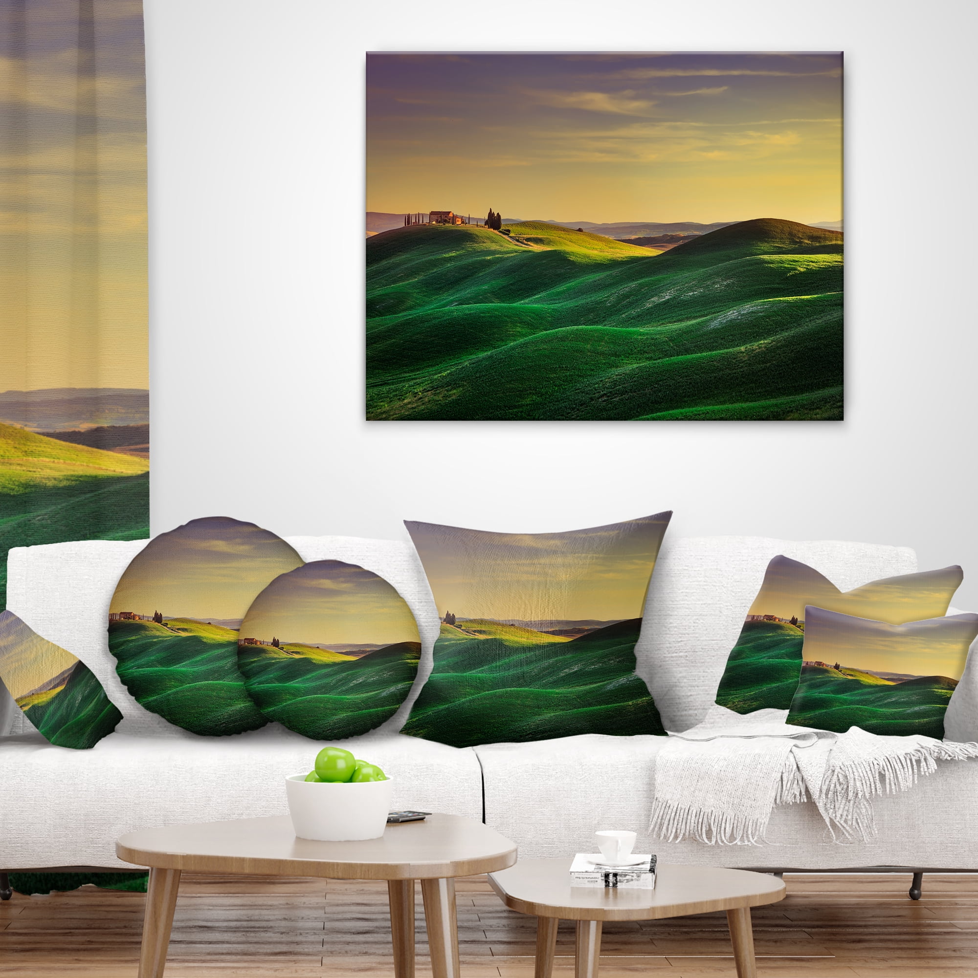 Designart Green Rolling Hils in Crete Senesi - Landscape Printed Throw Pillow - 16x16