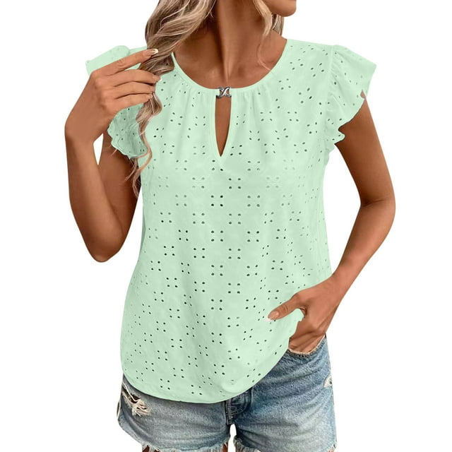 Liquidation d'Économies! Hauts Grande Taille pour Femmes, Hauts à Manches Courtes d'Été pour Femmes, Nouveau Chandail Uni à Manches Courtes avec Boutons et Col Rond pour Femmes