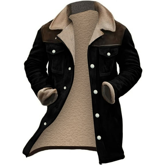 Men's Suede Color-Matching Winter Jacket, Multi-Pocket Zipper Coat for Urban Exploration and Cold Weather Protection,Black,L