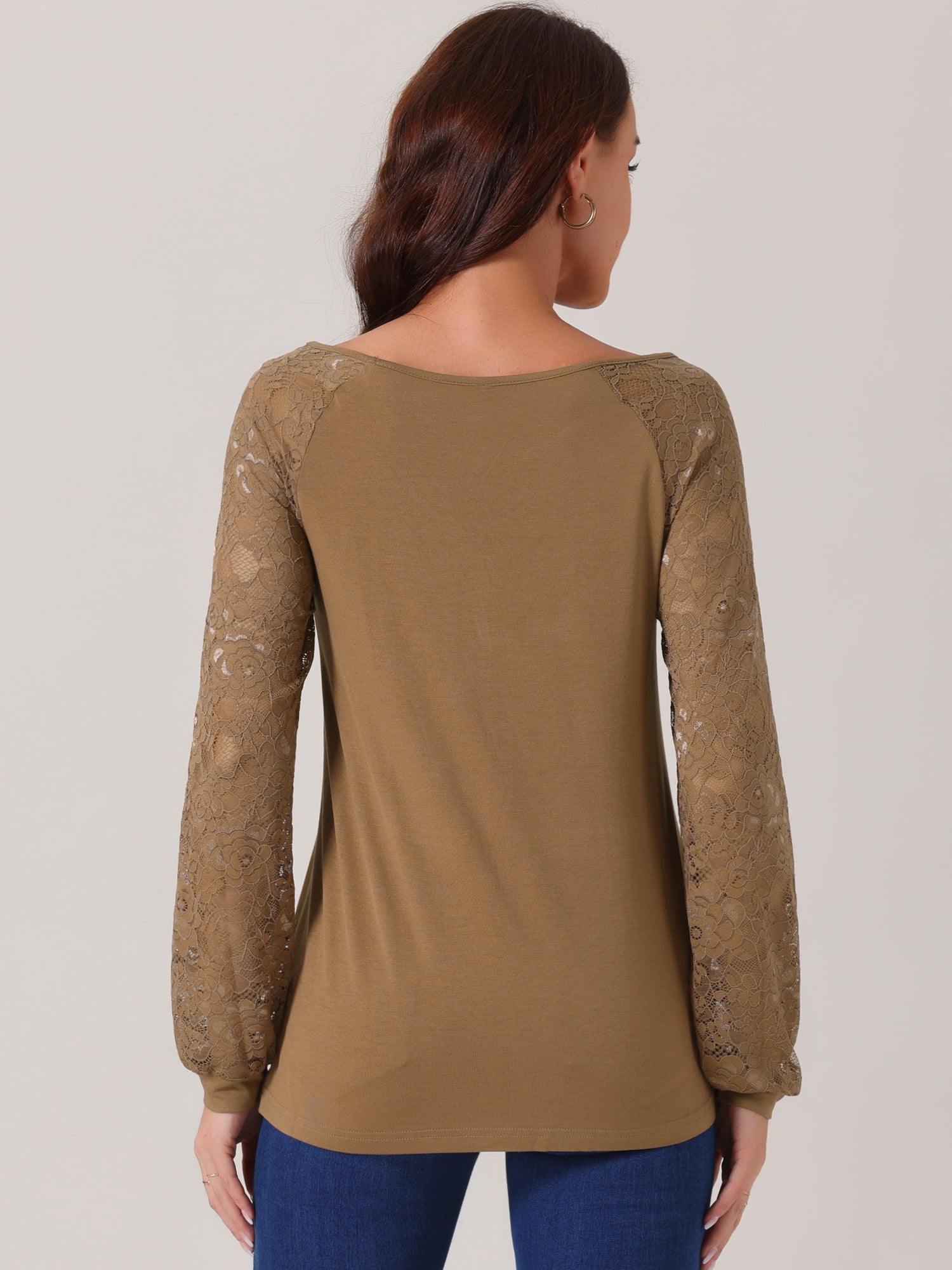 DARING DIVA Women's Lace Long Sleeve Crew Neck Casual Tops L Brown