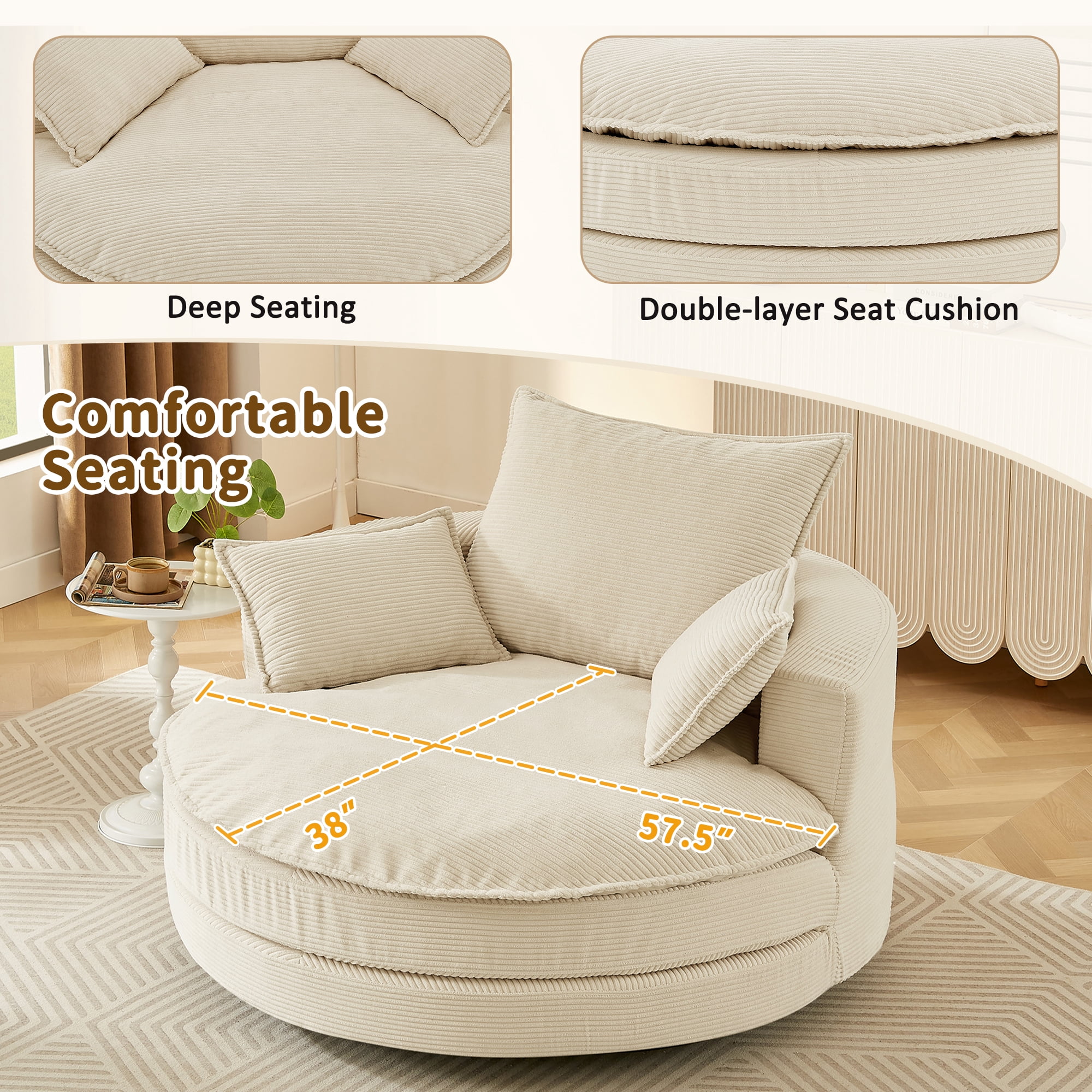 Euroco Oversized Round Swivel Chair with Corduroy Upholstery and Deep Seat, 360° Rotation Lounge Chair with Pillows for Living Room or Bedroom – 57.5" W x 56.5" D x 35.25" H