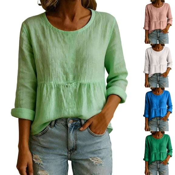ClodeEU Women's Round Neck Long Sleeve Peplum Blouse,Casual Solid Color Ruffle Hem Top A-Blue,Women's Plus L