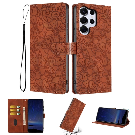 for Samsung Galaxy S26 Ultra Wallet Case with Card Holder Credit Card Slots, Premium Flower Pattern PU Leather Case with Flip Kickstand, Full Body Protection Shockproof Magnetic Clasp Cover, Brown