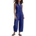 thumbnail image 5 of Cotton Jumpsuits for Women Round Neck Button Sleeveless Summer Rompers Casual Fashionable Solid Color Loose Wide Leg Jumpsuit with Pockets, 5 of 6