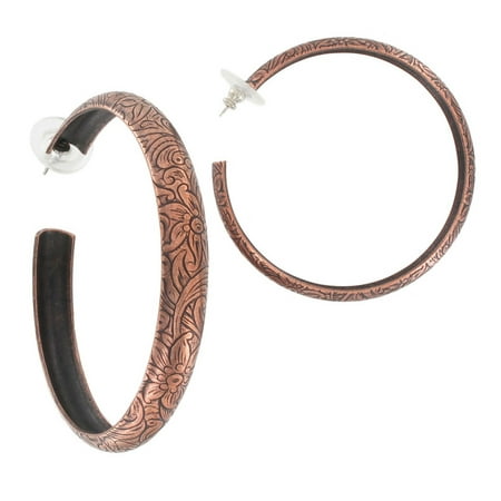 - Floral Embossed Copper Ox Tone Pierced Hoop Earrings 2 1/4