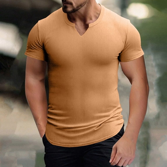 Men's Short Sleeve Ribbed Knit Henley Shirt Slim Fit Muscle T-Shirts Summer Solid Color Split V Neck Casual Beach Top Soft Stretch Lightweight Fashion Athletic Tee