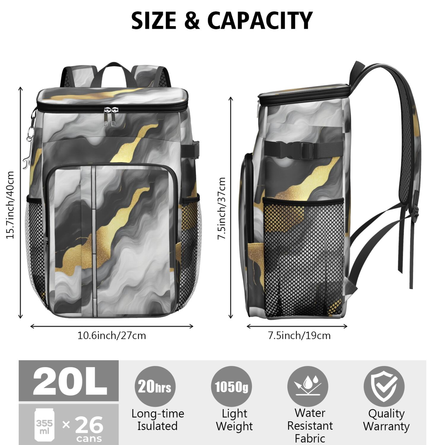 Travel Cooler Bag - Black White and Gold Marble Camping Beer Cooler Backpack with Bottle Opener- Waterproof Insulated Picnic Backpacks - Cooler Bag for Beach