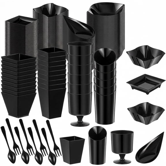 160-Piece Black Disposable Plastic Appetizer Plate, Dessert Cup and Utensil Party Set