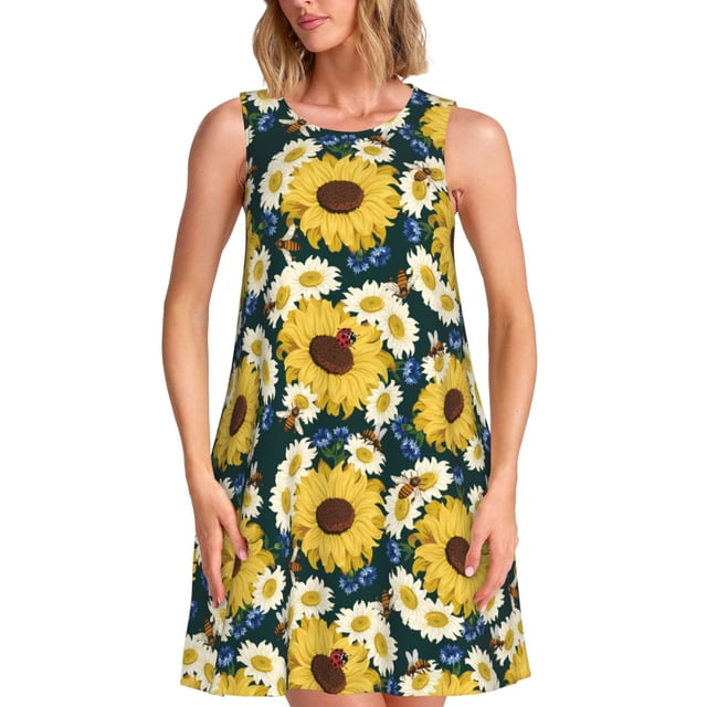 Vsdgher Robes d'Été Imprimé Tournesols pour Femmes Robe de Plage Décontractée Col en U Sans Manches Robe d'Été Ample avec Poche