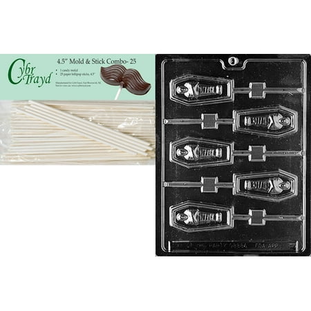 Cybrtrayd 45St25-H045 Casket Lolly Halloween Chocolate Candy Mold with 25 4.5-Inch Lollipop Sticks