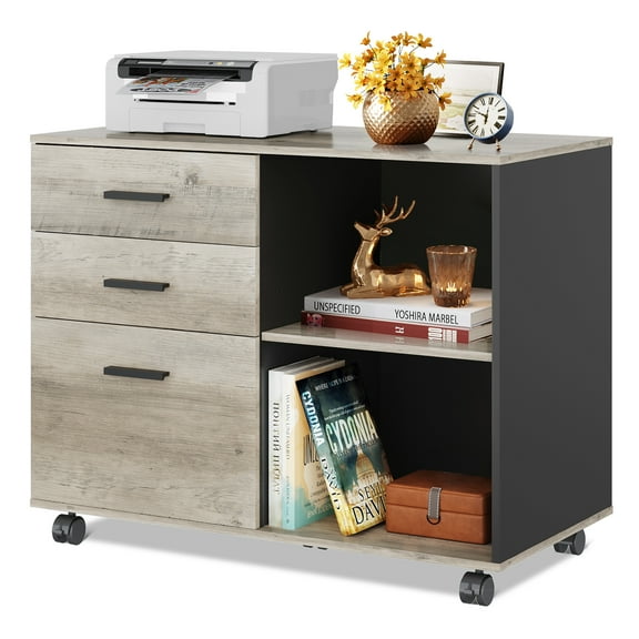 GALAXHERO 3-Drawer Mobile File Cabinet, Wood Lateral Filing Cabinet with Open Shelves, Printer Stand for Home Office Organization, Greige