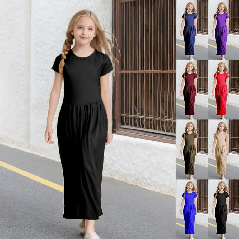 Zecgelong Girl's Short Sleeve Solid Color Loose Casual Long Maxi Dress With  Pockets Girls Casual Dresses Size 6-12 Month - Walmart.com