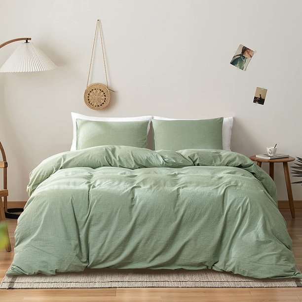 Washed Cotton Line Sage Green Duvet Cover Sets King Modern Simple