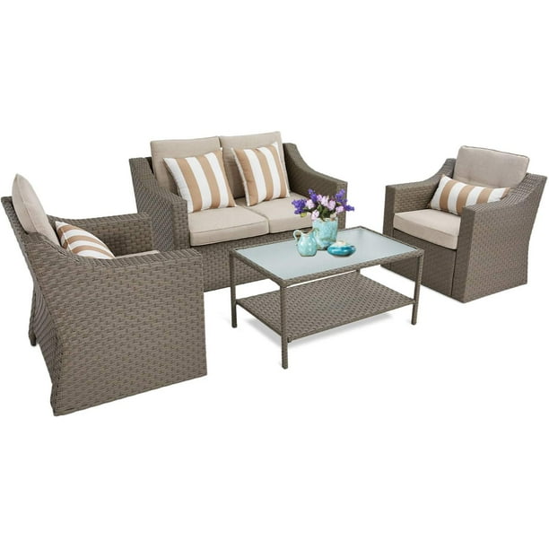 Suncrown 4 Piece Outdoor Patio Furniture Conversation Set Rattan Wicker Chairs With Glass Top Table All Weather And Thick Cushion Covers Gray Com Suncrown 4 Piece Outdoor Patio, Thick Outdoor Cushions Patio Furniture