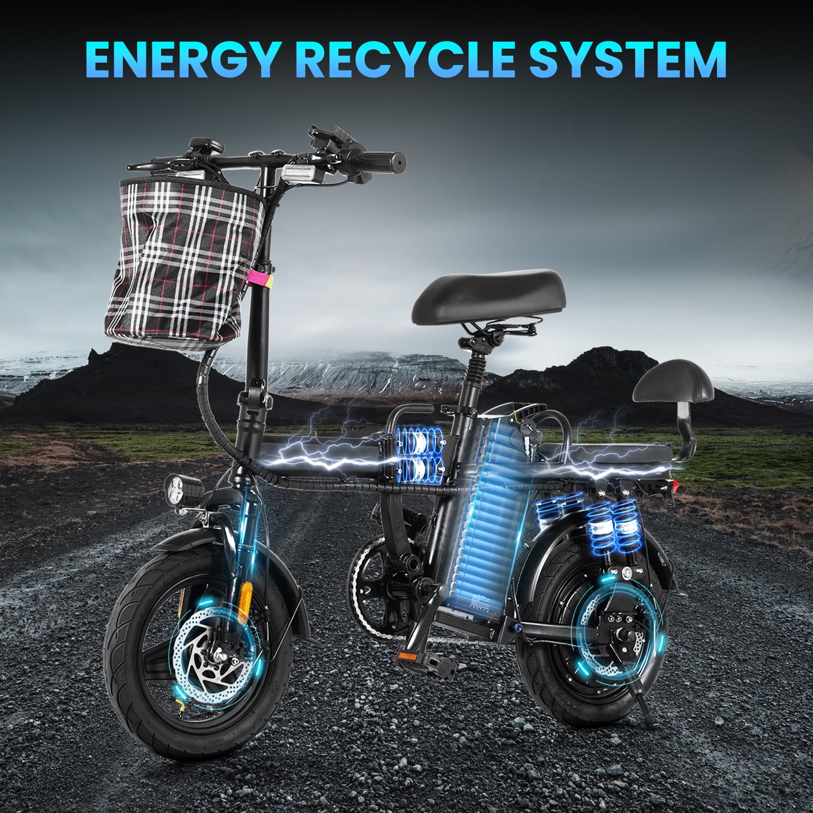 Electric-Bike-for-Adults, Folding-E-Bike-with-Basket, 14" Wheels, 20 mph, 500W Brushless Motor, 48V 15AH Removable Battery, 9 Shock Absorbers, 30-Mile Range, LCD Display