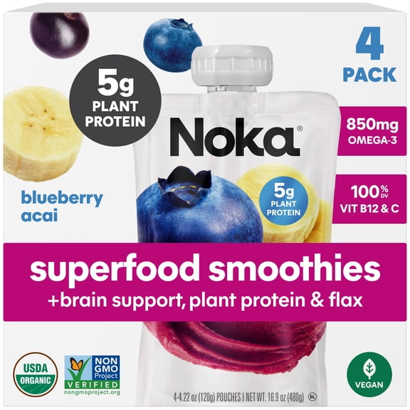Noka Organic Superfood Smoothie Pouches, Plant Protein, Blueberry Acai, 4.22oz, 4 Pack