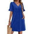 thumbnail image 2 of Admvng Womens Dresses Summer Solid Color V-neck Ruffle Short Sleeved A Line Dress with Pockets S-2XL, 2 of 9