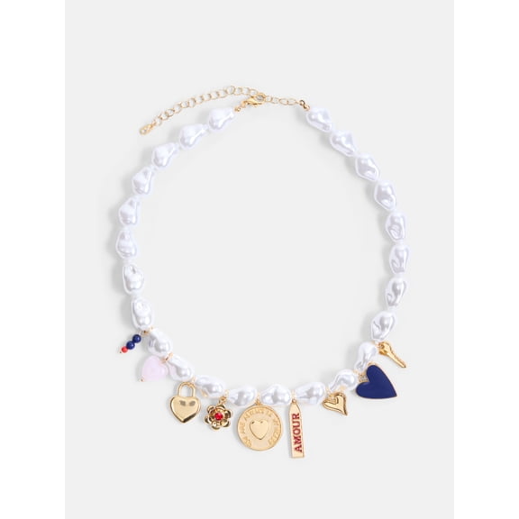 Free Assembly Women's Faux Pearl Charm Necklace, 16" 3" Extender
