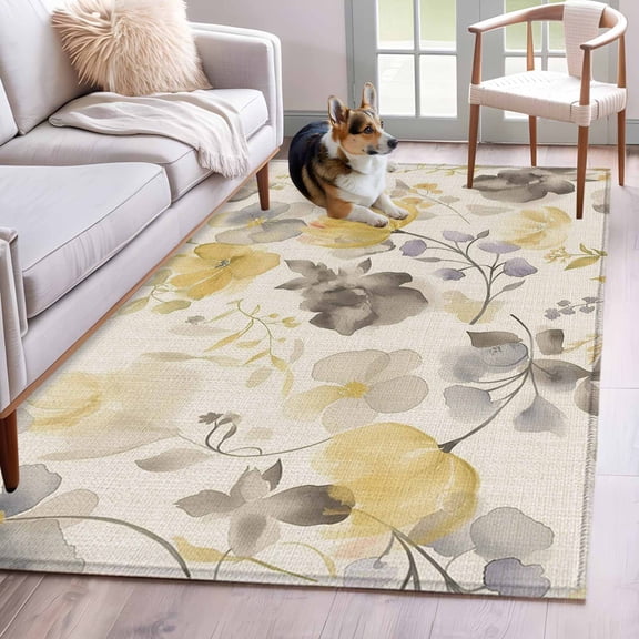 3'x5' Area Rugs, Yellow Grey Botanical Indoor Outdoor Area Rug for Living Room Bedroom, Spring Floral Watercolor Rustic Washable Bathroom Rugs Kitchen Floor Carpet Mats Home Decor Aesthetic