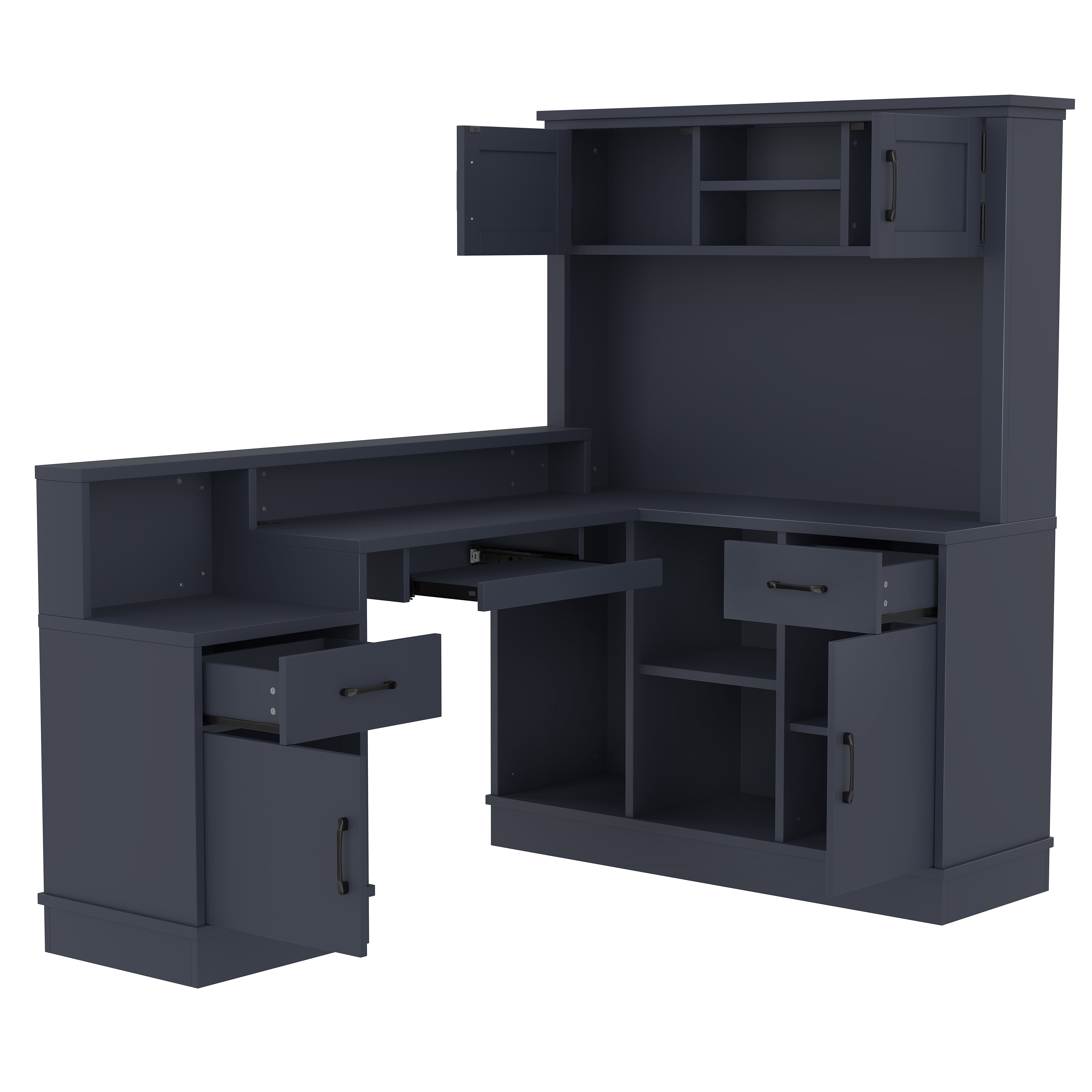 Newest Modern L-Shaped Desk with Built-in Outlet & Storage, 4-Cabinet 2-Drawer Computer Desk for Home Office, Blue