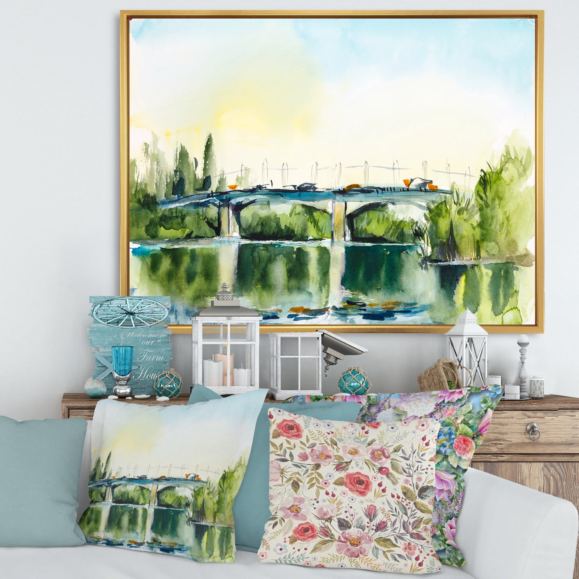 Designart 'Landscape With Old Bridge Over River In The Countryside' Traditional Framed Canvas Wall Art Print