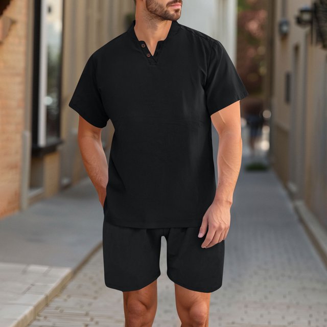 Handshe Men's Summer Solid Color Casual V - Neck Short - Sleeved & Shorts Set with Button Pockets
